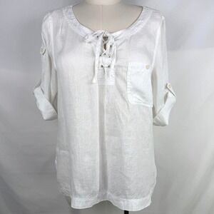 LRL Lauren Jeans Co White 100% Linen Lace-Up Roll-Tab Sleeve Top XL Coastal
